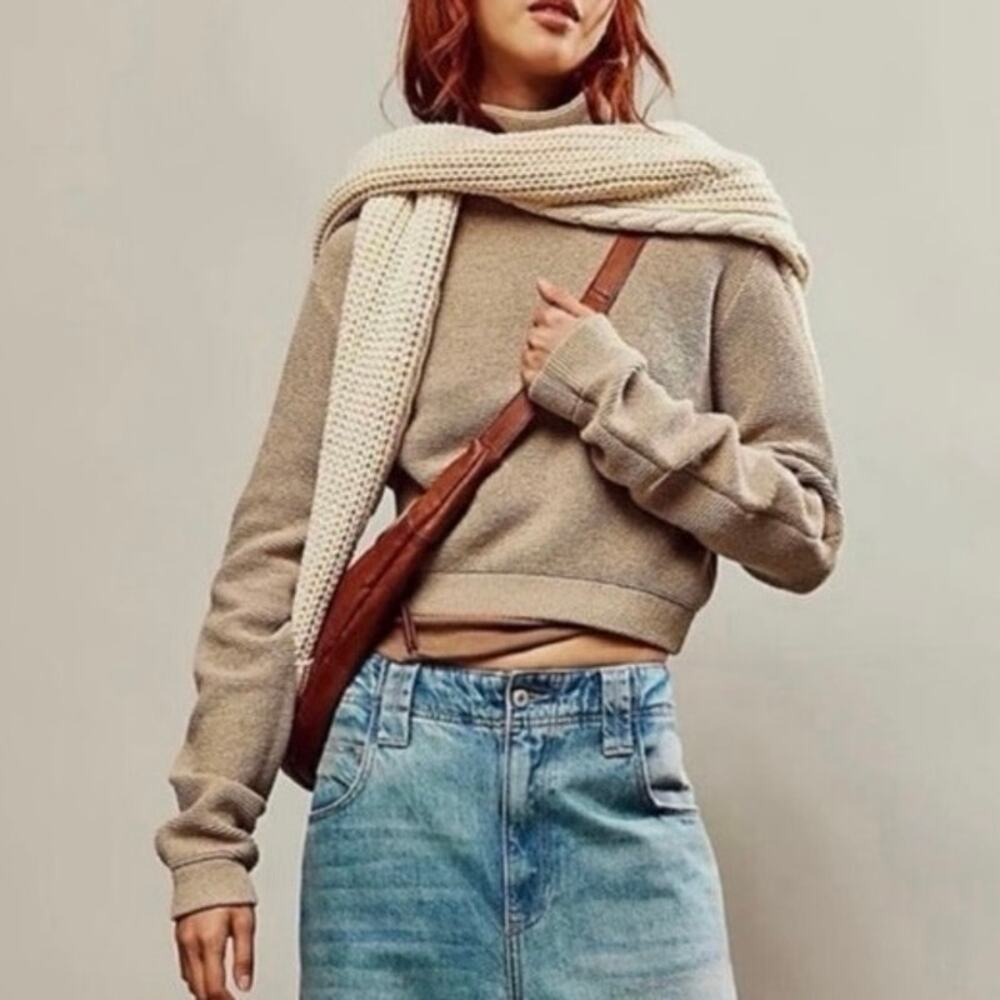 Free People Ottoman Mock Neck Cropped Pullover in Hummus Ribbed Knit Cozy
